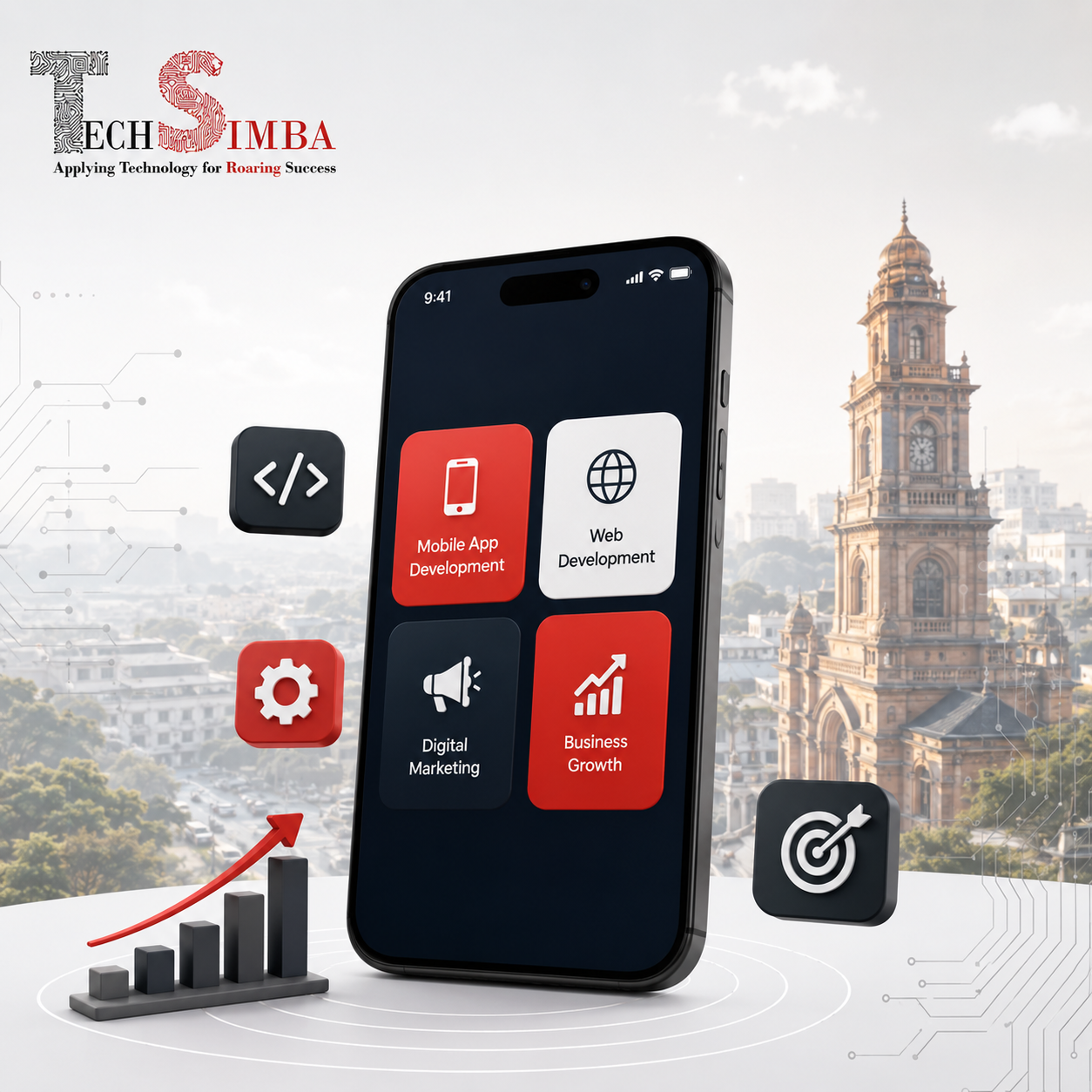 Tech-themed illustration of a smartphone displaying mobile app development, web development, digital marketing, and business growth, with TechSimba branding and a modern city backdrop.