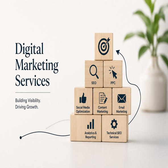 Tech-themed illustration of a smartphone displaying mobile app development, web development, digital marketing, and business growth, with TechSimba branding and a modern city backdrop.